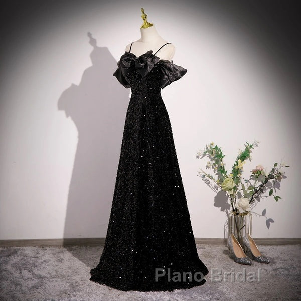 A-Line Off Shoulder Velvet Sequin Long Black Formal Prom Dresses, Black Long Evening Dresses