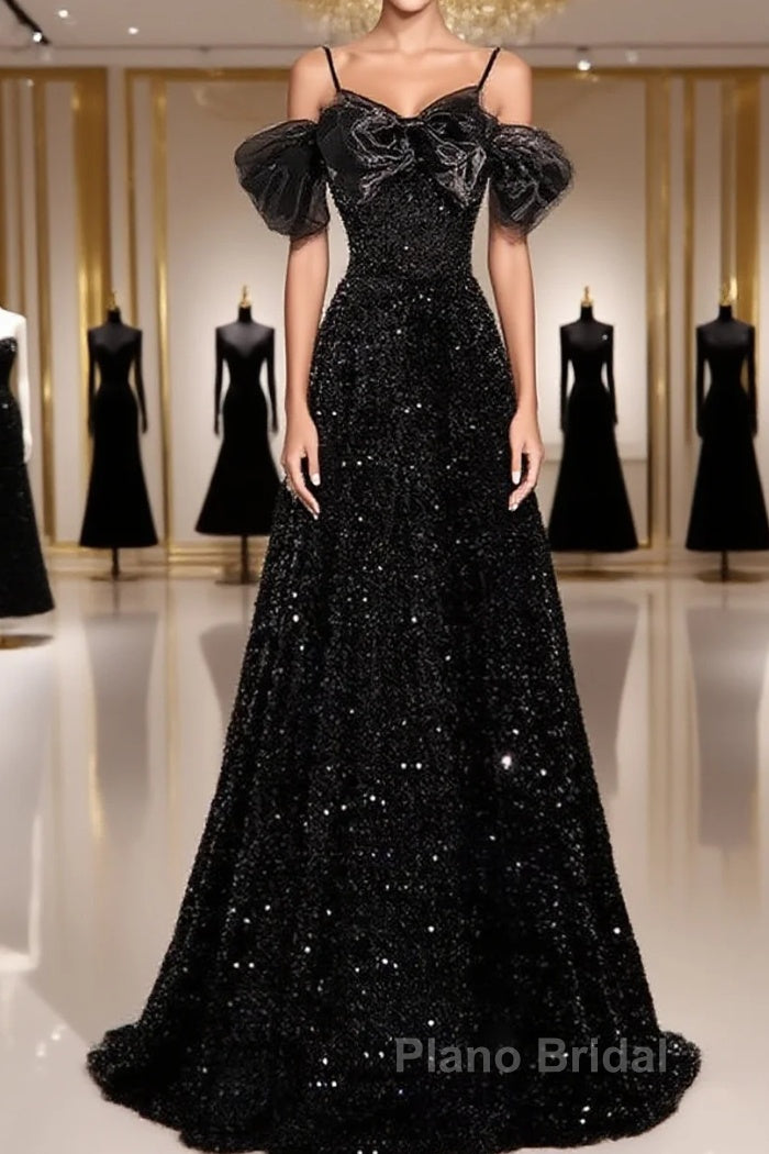 A-Line Off Shoulder Velvet Sequin Long Black Formal Prom Dresses, Black Long Evening Dresses Main image