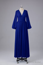 Elegant Long Sleeves V Neck Chiffon Long Bridesmaid Dresses
