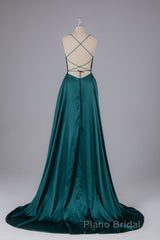 Elegant Open Back Spaghetti Straps Sweep Train Long Formal Prom Dresses