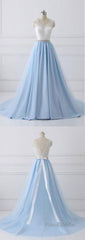 Elegant Long Blue Formal Prom Dresses with White Lace Top | Senior School Prom Dresses