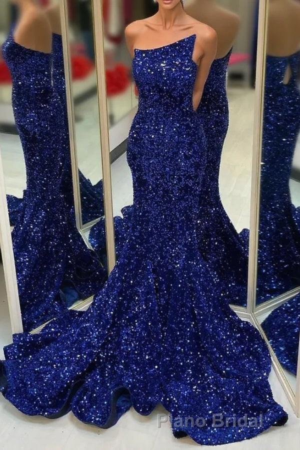 Strapless Royal Blue Sequins Mermaid Long Prom Dresses Main image