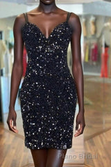 Cirss Cross Straps Black Sequined Homecoming Dresses