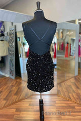 Cirss Cross Straps Black Sequined Homecoming Dresses