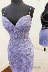 Tie Back Blue Appliqued Bodycon Homecoming Dresses