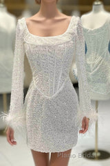 White Sequins Tight Homecoming Dresses with Long Sleeves