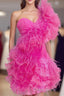 Ruffled Tulle Shoulder Hot Pink Short Homecoming Dresses with Feather