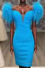 Fitted Feather Shoulder Blue Tight Homecoming Dresses