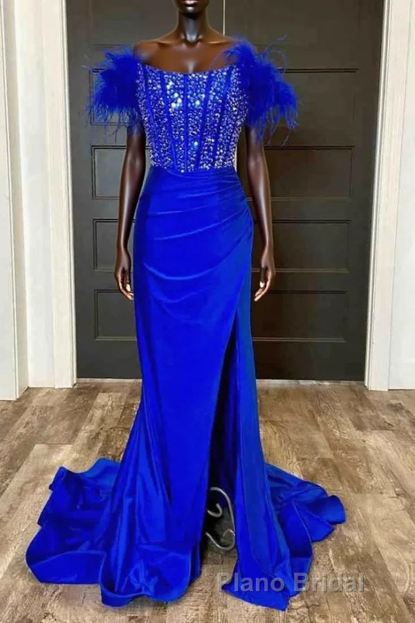 Side Slit Royal Blue Feathered Shoulder Beaded Long Formal Prom Gown