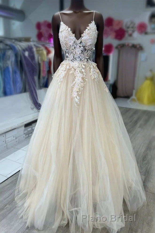 V-Neck Champagne Appliques Long Formal Prom Dresses with Straps Main image
