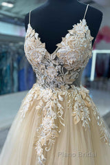 V-Neck Champagne Appliques Long Formal Prom Dresses with Straps