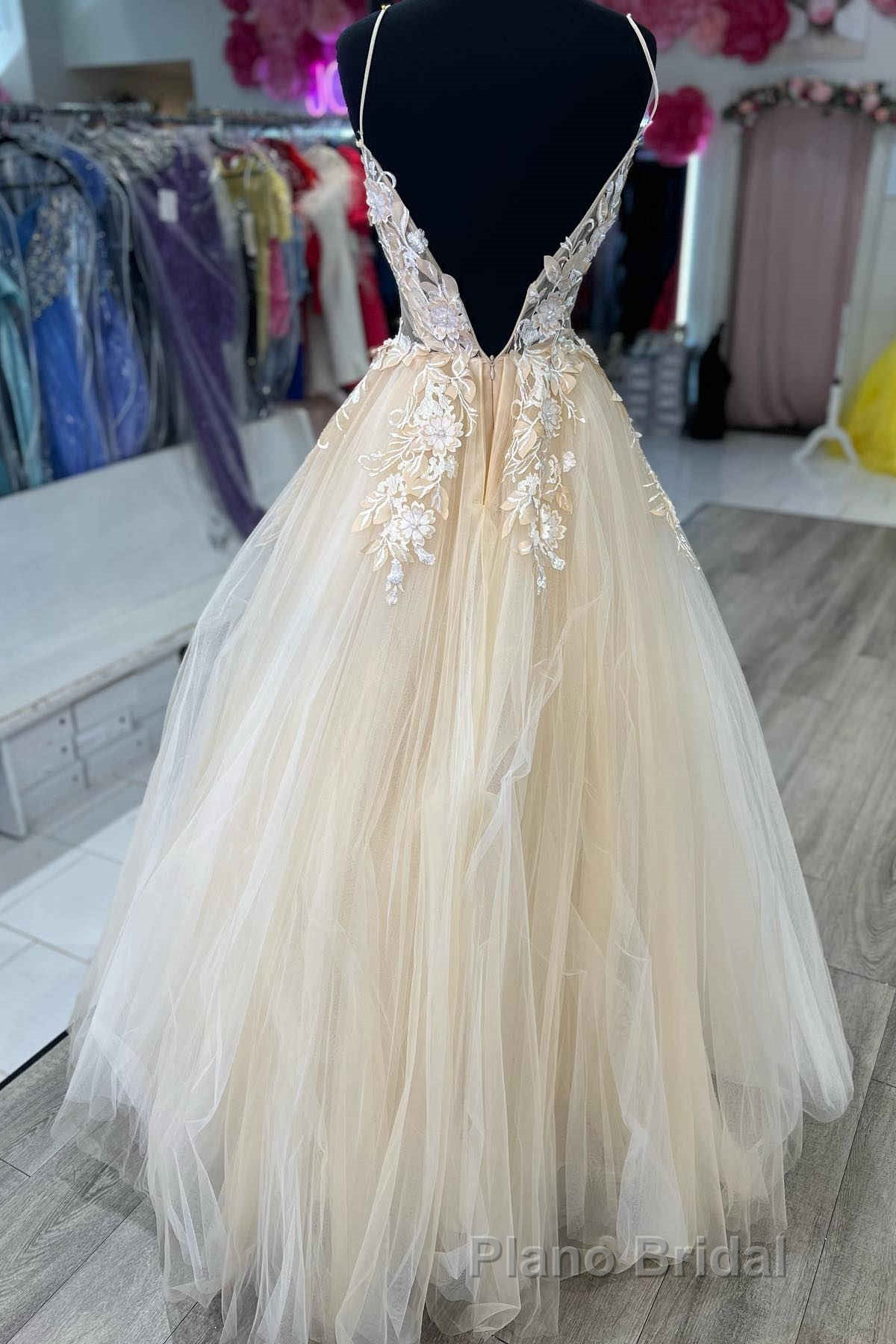 V-Neck Champagne Appliques Long Formal Prom Dresses with Straps