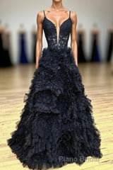 Gorgeous Black Straps Ruffled Long Formal Prom Dresses with Appliques