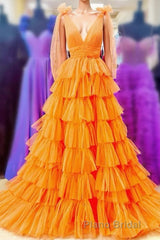 Bow Straps Orange V-Neck Ruffled Tulle Long Formal Prom Dresses with Slit