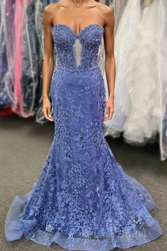Sweetheart Periwinkle Keyhole Mermaid Formal Prom Dresses with Appliques
