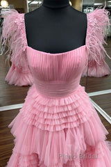 Cold Shoulder Pink Feathers A-Line Tiered Formal Prom Dresses