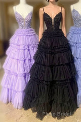 Plunging V-Neck Straps Appliques Layered Formal Prom Dresses