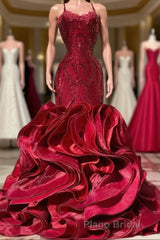 Fabulous Burgundy Long Mermaid Spaghetti Straps Satin Lace Formal Prom Dresses