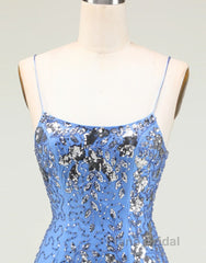 Glitter Blue Spaghetti Straps Beaded Sequins Short Tight Homecoming Dresses
