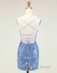 Glitter Blue Spaghetti Straps Beaded Sequins Short Tight Homecoming Dresses