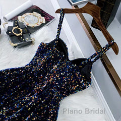 Glitter Navy Blue Sequin Short Formal Prom Dresses