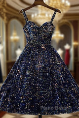 Glitter Navy Blue Sequin Short Formal Prom Dresses