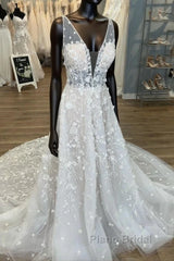 Gorgeous A-Line V-Neck Open Back Chapel Train Wedding Dresses