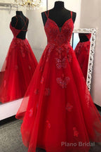 Gorgeous V Neck Backless Red Lace Evening Dress 2025 Backless Red Lace Formal Dresses Red Ball Gown