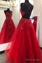 Gorgeous V Neck Backless Red Lace Evening Dress 2025 Backless Red Lace Formal Dresses Red Ball Gown