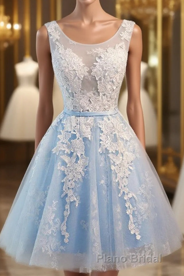 Light Blue Tulle Lace Applique Short Homecoming Dresses with Straps Main image