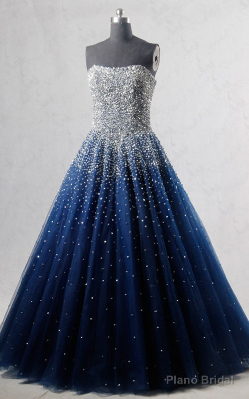 Royal Blue Strapless Sleeveless Beading Sequined Tulle Floor Length Long Prom Dress