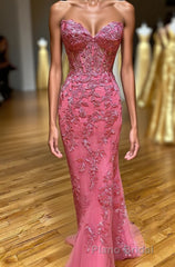Coral Sweetheart Lace-Up Long Mermaid Formal Prom Dresses with Appliques