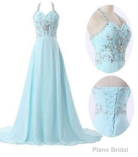 Halter Light Blue Prom Dress Long Chiffon Evening Dresses for Weddings