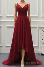 A Line High Low Tulle Formal Prom Dresses with Train, Burgundy V Neck Backless Prom Dresses