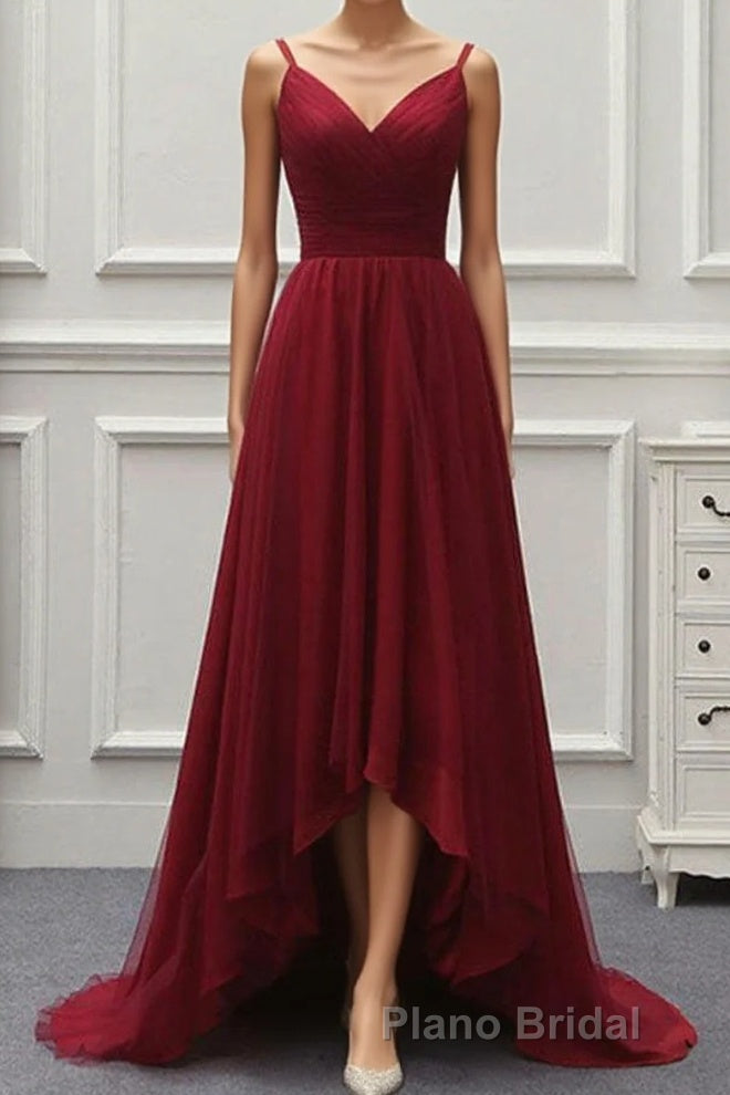 A Line High Low Tulle Formal Prom Dresses with Train, Burgundy V Neck Backless Prom Dresses