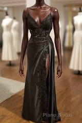 Black V-Neckline Straps Tulle With Lace Party Dresses, A-Line Black Evening Dresses Formal Prom Dresses