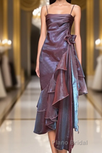 Spaghetti Straps Purple Mermaid Vintage Ruffled Formal Prom Dress