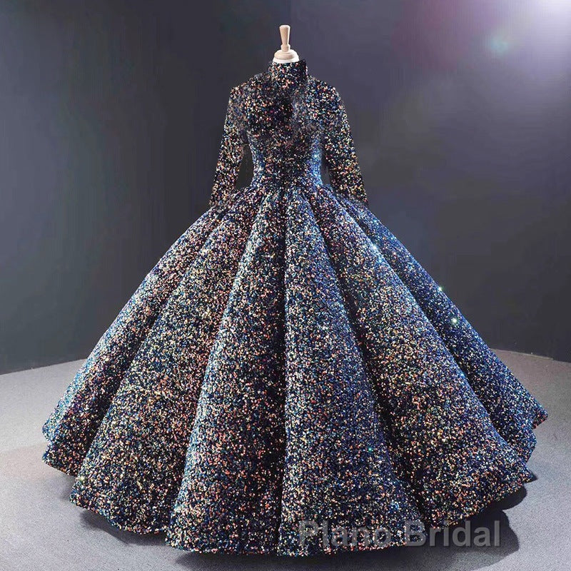 Glitter High Neck Open Back Lace Up Ball Gown Formal Prom Dresses