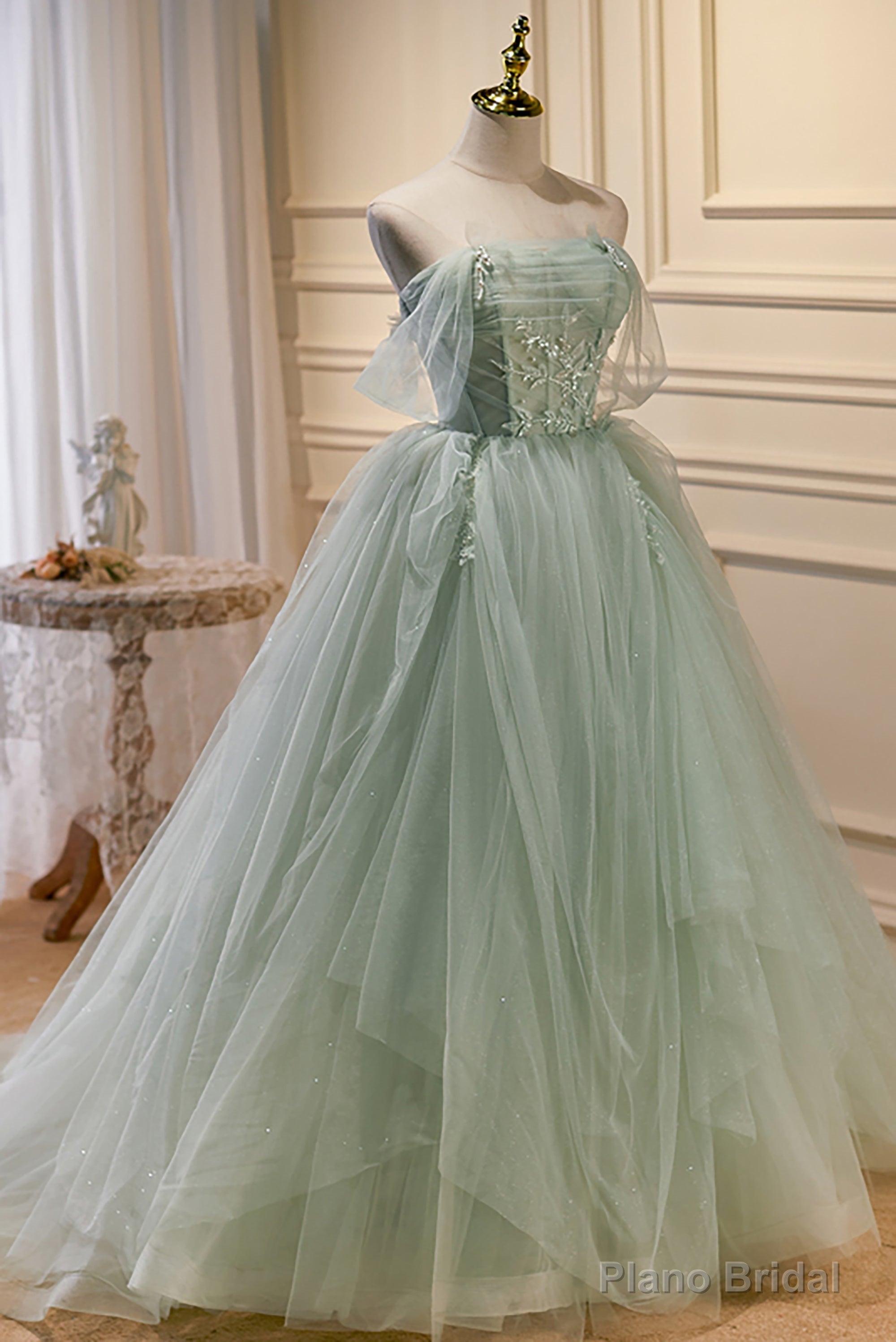 Elegant Green Strapless Evening Gown Off The Shoulder Tulle Prom Dresses Secondary image