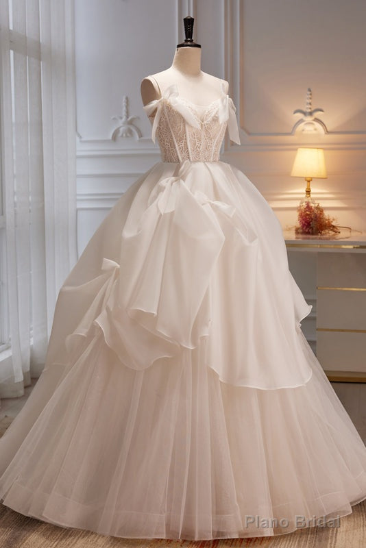 Elegant Ivory Spaghetti Straps Ball Gown with Bowknot A Line Tulle Long Prom Dresses Secondary image