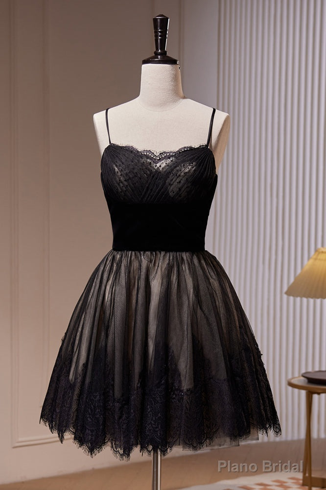 Black Spaghetti Straps Lace Tulle Short Homecoming Dresses Main image