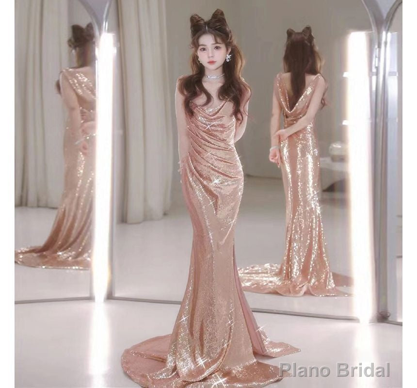 Sleeveless Cowl Neck Sequin Mermaid Evening Gown