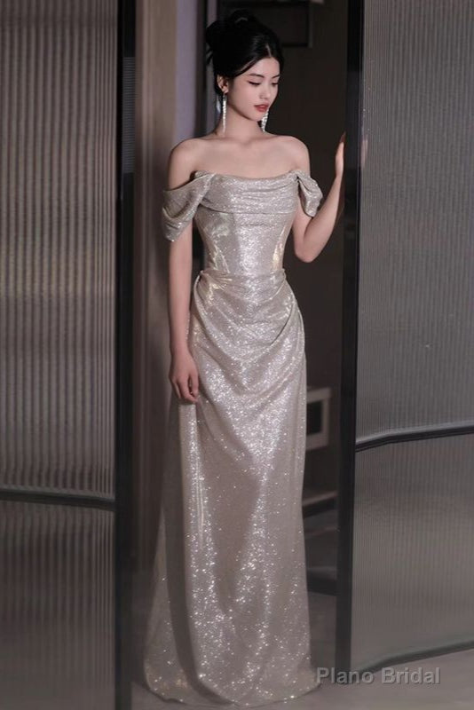 Short-Sleeve Off Shoulder Glitter A-Line Prom Dresses