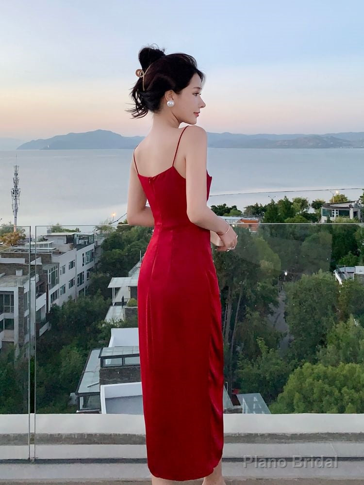 Spaghetti Strap Cowl Neck Plain Satin Slit Midi Sheath Prom Dress Secondary image