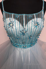 Light Green Spaghetti Straps Tulle Formal Prom Dresses with Beading Crystal
