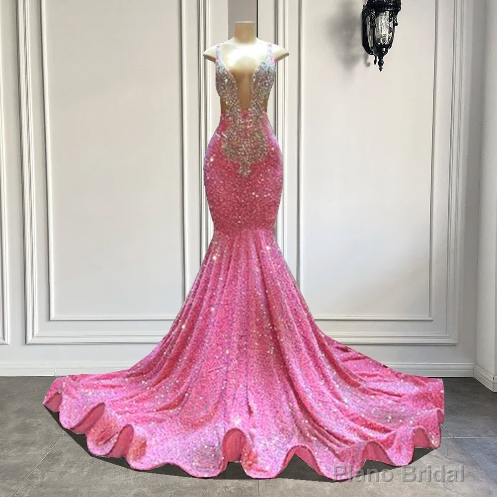 Glamorous Sparkly Sequins Prom Dresses, Deep V-Neck Sleeveles Stretch Satin Mermaid Prom Dress Main image