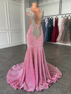 Glamorous Sparkly Sequins Prom Dresses, Deep V-Neck Sleeveles Stretch Satin Mermaid Prom Dress