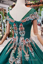 Luxury Green Round Neck Short Sleeves Formal Prom Dresses with Beading