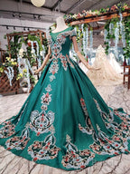 Luxury Green Round Neck Short Sleeves Formal Prom Dresses with Beading