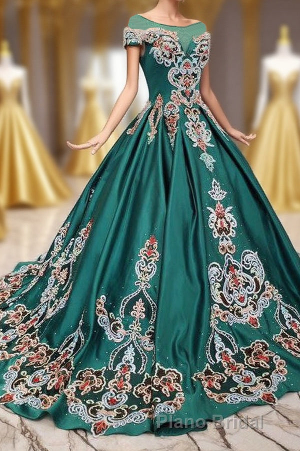 Luxury Green Round Neck Short Sleeves Formal Prom Dresses with Beading Main image
